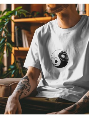 Parspera Shop Beyaz Oversize T-Shirt Unisex Baskılı Ying-Yang