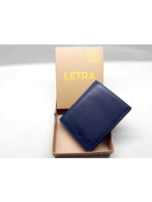 Letra Hakiki Deri Lacivert Erkek Cüzdan Kutulu Çok Bölmeli