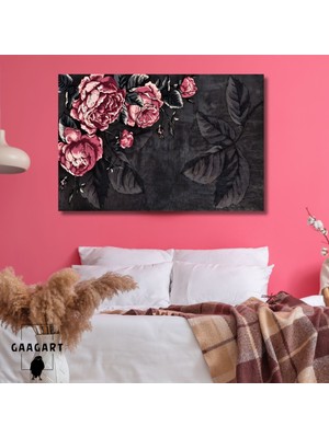 Gaagart Tekli Yatay Kanvas Duvar Tablosu Pembe Gül ve Siyah Yapraklar