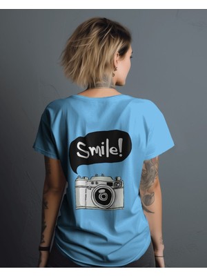 Parspera Shop Mavi Oversize T-Shirt Unisex Baskılı Smile