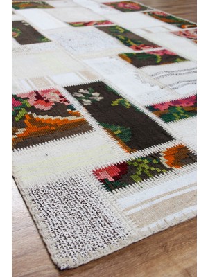 Carpetdocia Maldives %100 Naturel Pamuk Yün Salon Oturma Odası Geleneksel Kendir Patchwork Kilim 02 Beıge Xw