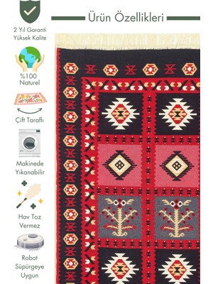 Carpetdocia Maya %100 Naturel Pamuk Yıkanabilir Çift Taraflı Oturma Odası Mutfak Koridor Modern Kilim 28 Red