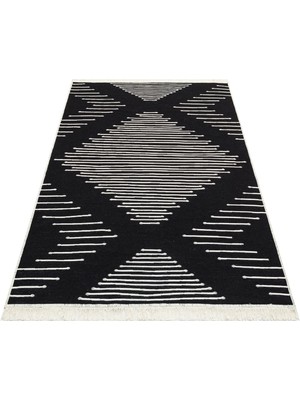 Carpetdocia Maya %100 Naturel Pamuk Yıkanabilir Çift Taraflı Oturma Odası Mutfak Koridor Modern Kilim 15 Black