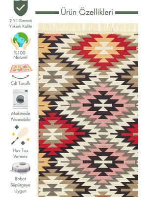 Carpetdocia Maya %100 Naturel Pamuk Yıkanabilir Çift Taraflı Oturma Odası Mutfak Koridor Modern Kilim 33 Red