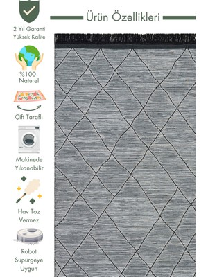 Carpetdocia Maya Craft %100 Naturel Pamuk Yıkanabilir Çift Taraflı Oturma Odası Mutfak Koridor Modern Kilim 2gri