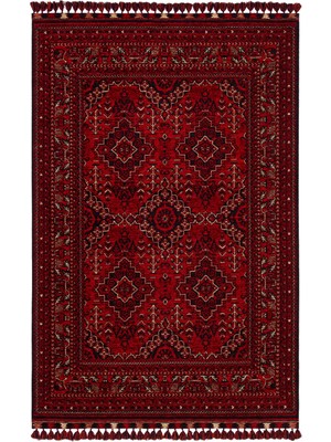 Carpetdocia Uygur Afgan Yağcıbedir Desenli Yıkanabilir Kaymaz Oturma Odası Salon Koridor Ince Dokuma Halı 05 Red