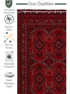 Carpetdocia Uygur Afgan Yağcıbedir Desenli Yıkanabilir Kaymaz Oturma Odası Salon Koridor Ince Dokuma Halı 05 Red