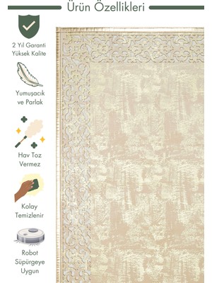 Carpetdocia Gravür Klasik ve Modern Işleme ve Oymaya Sahip Parlak Bordürlü Suni Deri Halı 01 Cream Gold