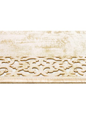 Carpetdocia Gravür Klasik ve Modern Işleme ve Oymaya Sahip Parlak Bordürlü Suni Deri Halı 01 Cream Gold