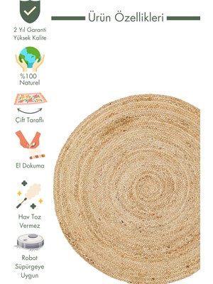 Carpetdocia Crown Jüt %100 Naturel El Dokuma Oturma Odası Koridor Antre Mutfak Balkon Hasır Halı 01R Natural