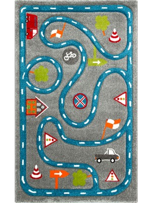 Carpetdocia Kids Eğlenceli Araba Yarışı Temalı Çocuk Halısı 19 Grey Blue