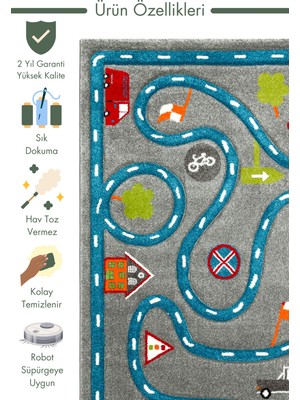 Carpetdocia Kids Eğlenceli Araba Yarışı Temalı Çocuk Halısı 19 Grey Blue