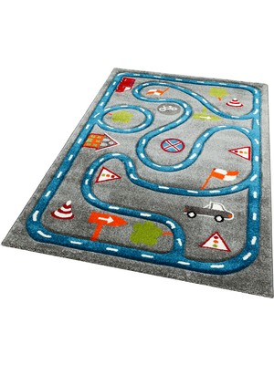 Carpetdocia Kids Eğlenceli Araba Yarışı Temalı Çocuk Halısı 19 Grey Blue