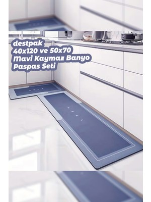 Destpak 2 Adet Mavi Su Emici Kaymaz Tabanlı Banyo Paspası Seti - Mutfak Tezgah Önü Paspası - 50X70 ve 40X120