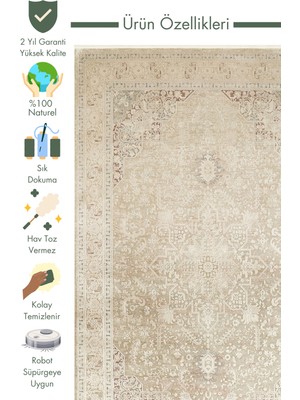 Carpetdocia Golden Serisi %100 Naturel Yumuşak Dokulu Vintage Esintilere Sahip Sık Dokuma Salon Halısı 02 Beıge