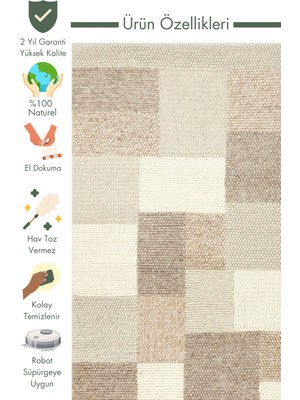 Carpetdocia Woolstar %100 Naturel Kazak Desenli Salon Oturma Odası Koridor Antre El Dokuma Örgü Halı Corbın Nat