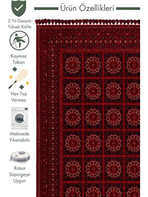 Carpetdocia Uygur Afgan Yağcıbedir Desenli Yıkanabilir Kaymaz Oturma Odası Salon Koridor Ince Dokuma Halı 03 Red