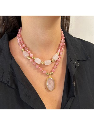 Suerte Accessories Pembe Kuvars ve Pembe Opal Doğal Taş El Yapımı Özel Tasarım Kadın Doğaltaş Kolye Ikili Kombin