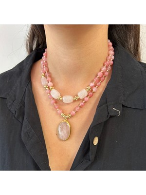 Suerte Accessories Pembe Kuvars ve Pembe Opal Doğal Taş El Yapımı Özel Tasarım Kadın Doğaltaş Kolye Ikili Kombin