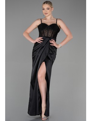 Abiyefon Üstü Boncuklu Bacak Dekolteli Uzun Saten Abiye ABU3312