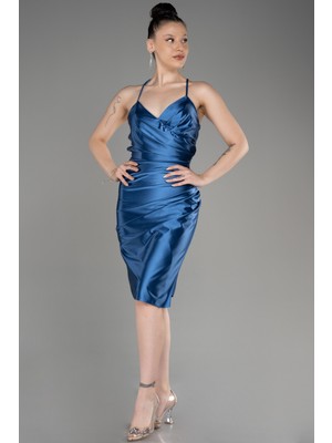 Abiyefon Sırt Dekolteli Saten Kısa Davet Elbisesi ABK2078