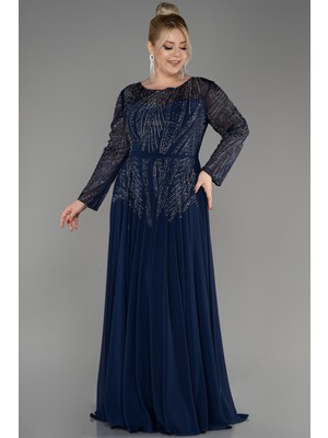 Abiyefon Taş Işlemeli Uzun Kol Şifon Büyük Beden Abiye ABU3925