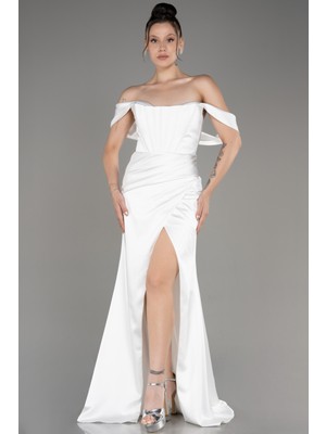 Abiyefon Bacak Dekolteli Kayık Yaka Uzun Saten Abiye ABU3964