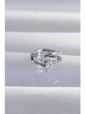 Stil Love Pirinç Gümüş Renk Zirkon Taşlı Damla Earcuff Küpe