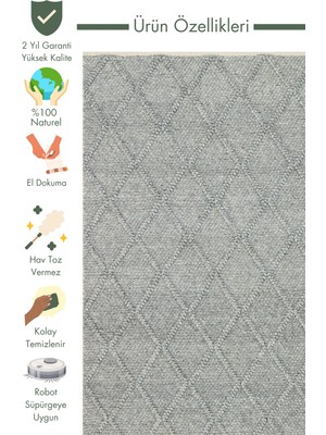 Carpetdocia Woolstar %100 Naturel Kazak Desenli Salon Oturma Odası Koridor Antre El Dokuma Örgü Halı Dıamondgrey