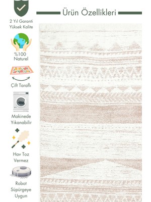 Carpetdocia Maya %100 Naturel Pamuk Yıkanabilir Çift Taraflı Oturma Odası Mutfak Koridor Modern Kilim 06 Natural