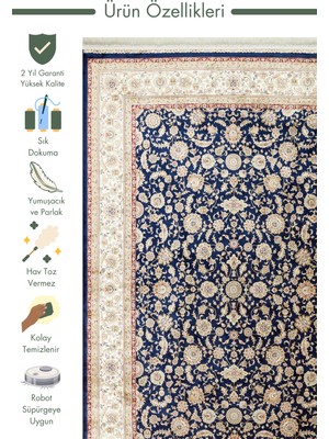 Carpetdocia Topkapı Serisi Yüksek Kalite Sık Dokuma Klasik Desenli Özel Işıltılı Salon Halısı 03 Navy Cream