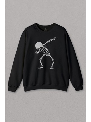 So Cool Unisex Siyah Sweatshirt Iskelet Dansı Dabbing Skeleton Skull Kuru Kafa Baskılı Sweat
