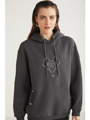 Grimelange Shara Kadın Kapüşonlu Taş Işlemeli Antrasit Sweatshirt