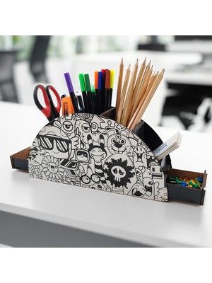 Vagonik Dekoratif Ahşap Masa Üstü Çekmeceli 7 Gözlü Kalemlik Organizer