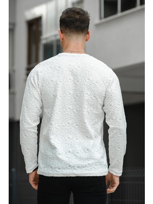 Oksit Lyn Baskılı Havlu Desen Slim Fit Likralı Sıfır Yaka Erkek Sweatshirt