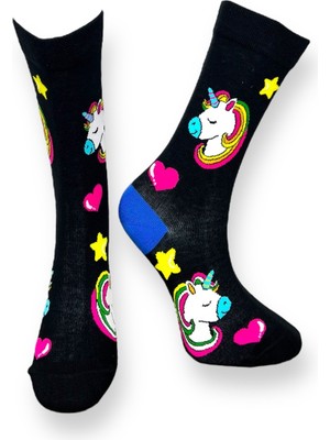 Me-Vo 3'lü Çok Renkli Unicorn Desenli Unisex Esnek Nem Alabilen Pamuklu Soket Çoraplar