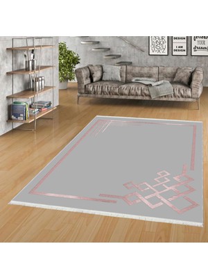 Pamuk Life Halı Kaymaz Deri Taban Yıkanabilir Halı PL4847 Gri Pembe