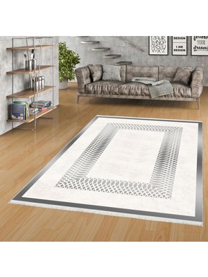 Pamuk Life Halı Kaymaz Deri Taban Yıkanabilir Halı PL5110 Gri Beyaz