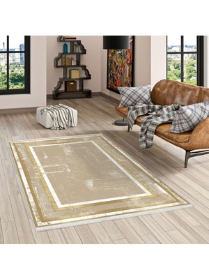 Pamuk Life Halı Kaymaz Deri Taban Yıkanabilir Halı PL5441 Gold Beyaz