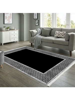 Pamuk Life Halı Kaymaz Deri Taban Yıkanabilir Halı PL4739 Siyah Gri