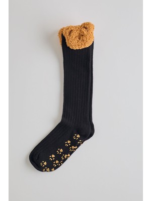 Kız Çocuk Ayıcık Detaylı Dizaltı Çorap Siyah