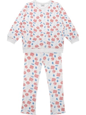 Antebies Organik Beyaz Suluboya Çiçek Desenli Lastikli Bağcıklı Uzun Kollu Kız Çocuk Sweatshirt Tayt Takımı