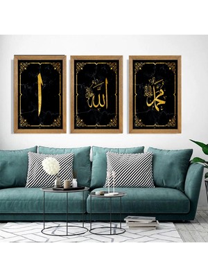 Lioncraft Allah, Hz. Muhammed, Elif Baskılı,Dini Tablo, Çerçeveli Cam Tablo 3'Lü Set 20x30 Cm