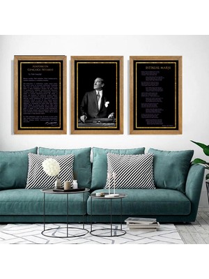 Lioncraft Atatürk, Gençliğe Hitabe, Istiklal Marşı Çerçeveli Cam Tabloları 3'Lü Set 30x45 Cm