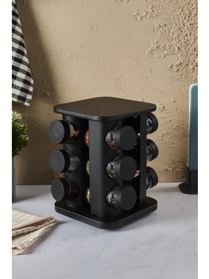 Perotti Siyah Döner Standlı Kare Cam Siyah Kapaklı Casa Black 12`li Standlı Baharatlık Seti