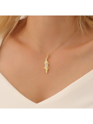 Nox Jewelry 14K Altın Kaplama Taşlı Timsah Gümüş Kolye - Zarif Hayvan Figürlü Kolye