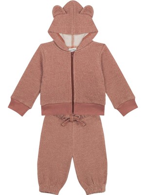 Antebies Organik Turuncu Beli Lastikli Bağcıklı Manşetli Fermuarlı Kapüşonlu Polarlı Kız Erkek Bebek Sweatshirt Eşofman Takımı