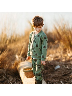 Antebies Organik Yeşil Fil Desenli Fermuarlı Bomber Erkek Çocuk Ceket