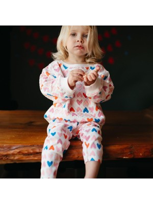 Antebies Organik Beyaz Kalp Desenli Manşetli Kız Bebek Sweatshirt Tayt Takımı