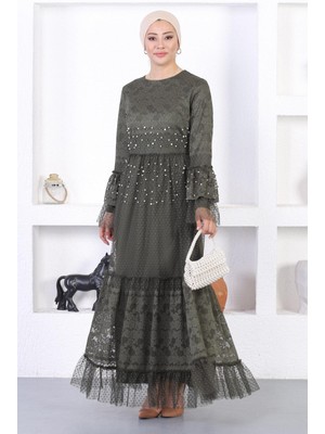 Missvalle İncili Dantelli Volan Kol Abiye Haki 12213